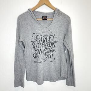 Harley Davidson Hooded Rhinestone Top Womens Medium Gray Long Sleeve